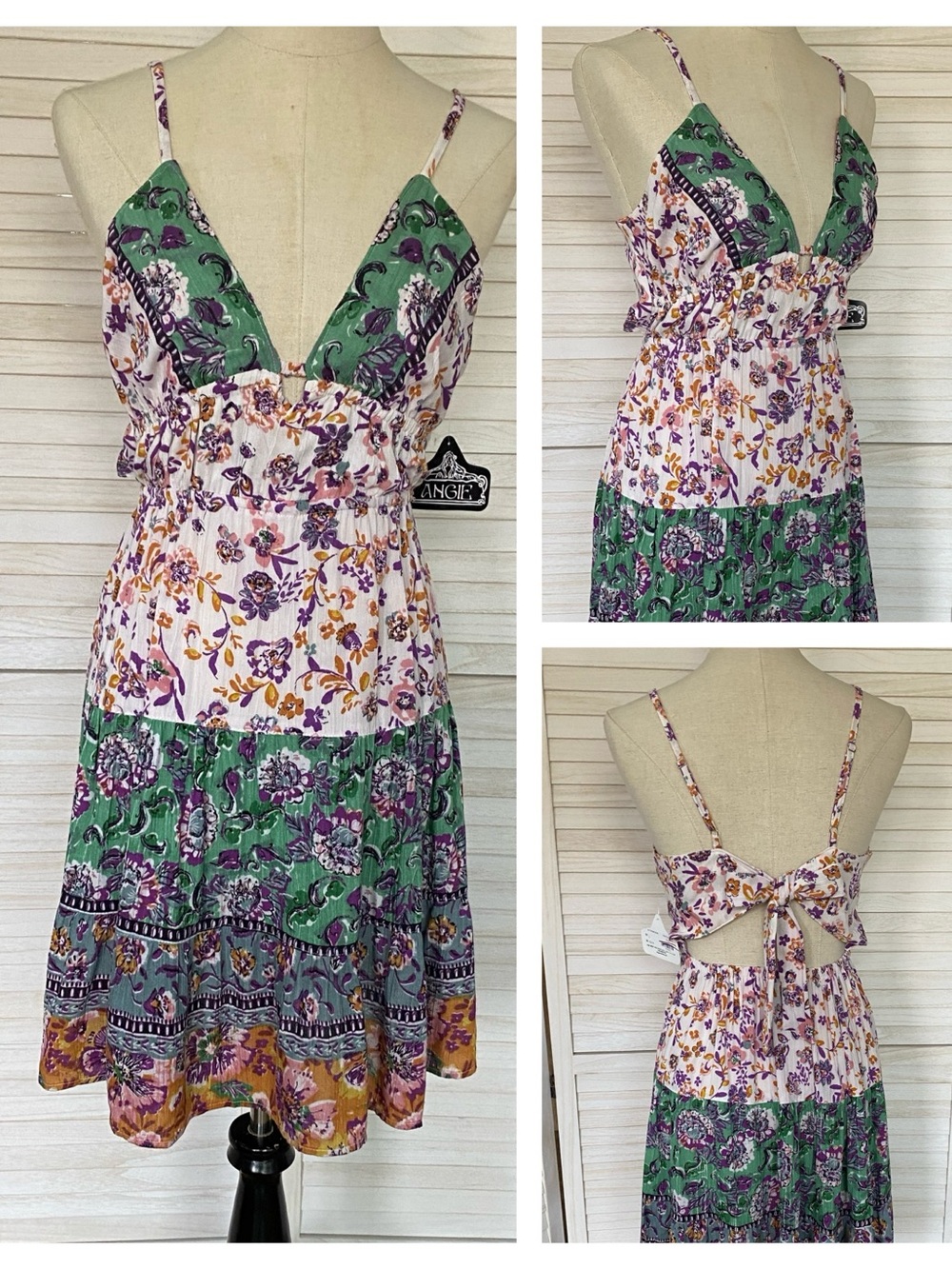 Angie  Floral Tiered  V Neck Tie Back Mini Dress SZ L NWT